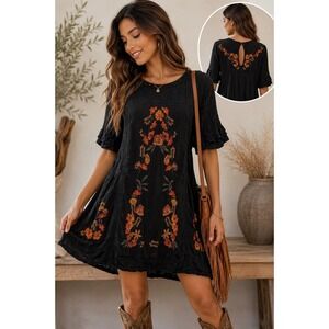Free People Embroidered Black Boho Mini Dress Cotton Tunic Medium